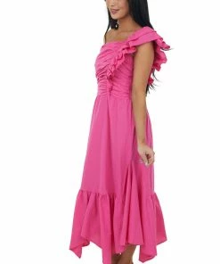 Umgee Magenta Ruffle One Shoulder Ruched Midi Dress
