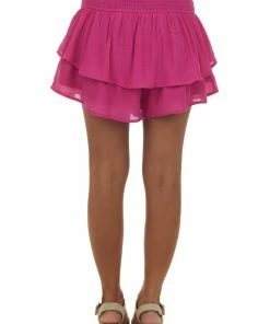 L Love Magenta Smocked Ruffle Overlay Mini Skort Bottoms