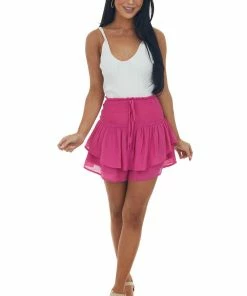 L Love Magenta Smocked Ruffle Overlay Mini Skort Bottoms