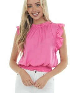 Glam Magenta Smocked Waist Ruffle Sleeve Blouse