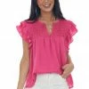 Glam Magenta Smocked Yoke Notch Neck Ruffle Blouse Tops
