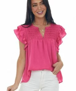 Glam Magenta Smocked Yoke Notch Neck Ruffle Blouse Tops