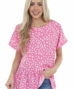 143 Story Magenta Spotted Print Drop Waist Blouse