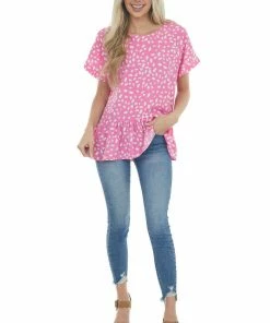 143 Story Magenta Spotted Print Drop Waist Blouse