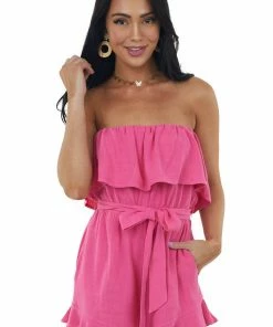 Allie Rose Dresses Magenta Strapless Ruffle Romper With Belt Tie 12 Allie Rose Dresses Magenta Strapless Ruffle Romper With Belt Tie