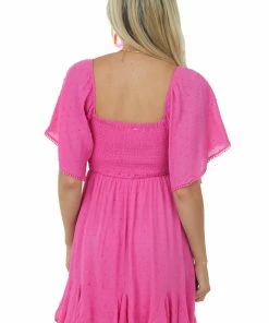 Umgee Dresses Magenta Swiss Dot Flutter Sleeve Smocked Dress