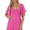 Umgee Dresses Magenta Swiss Dot Flutter Sleeve Smocked Dress