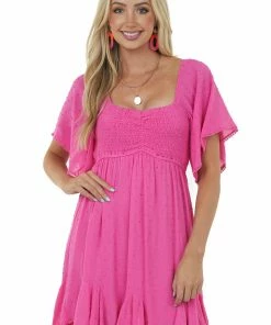 Umgee Dresses Magenta Swiss Dot Flutter Sleeve Smocked Dress