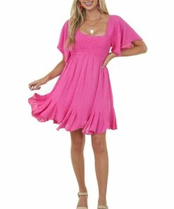 Umgee Dresses Magenta Swiss Dot Flutter Sleeve Smocked Dress
