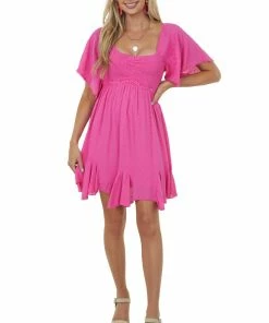 Umgee Dresses Magenta Swiss Dot Flutter Sleeve Smocked Dress
