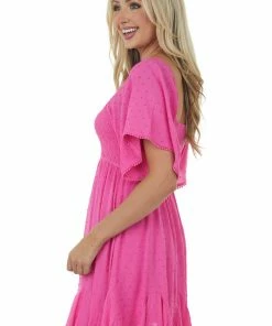 Umgee Dresses Magenta Swiss Dot Flutter Sleeve Smocked Dress