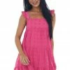 Vine & Love Magenta Swiss Dot Ruffle Strap Tiered Dress