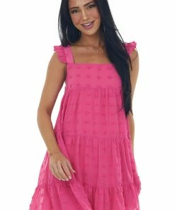 Vine & Love Magenta Swiss Dot Ruffle Strap Tiered Dress