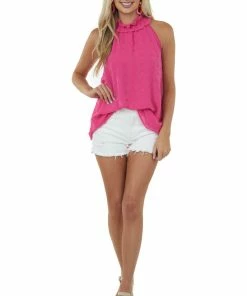 Vine & Love Magenta Swiss Dot Sleeveless Halter Neck Top