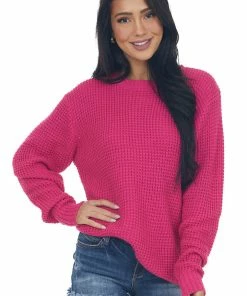 ZENANA Tops Magenta Thick Waffle Knit Curved Hem Sweater