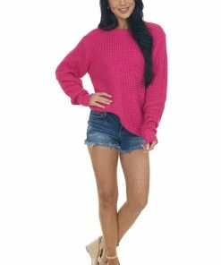 ZENANA Tops Magenta Thick Waffle Knit Curved Hem Sweater