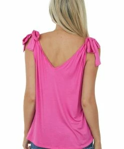 BiBi Magenta Tie Strap V Neck Flowy Knit Tank Top Tops