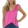 BiBi Magenta Tie Strap V Neck Flowy Knit Tank Top Tops