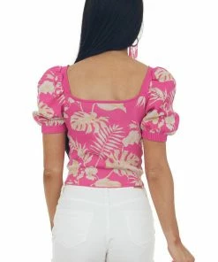 Flying Tomato Magenta Tropical Print Puff Sleeve Knit Top Tops 16 Flying Tomato Magenta Tropical Print Puff Sleeve Knit Top Tops