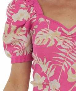 Flying Tomato Magenta Tropical Print Puff Sleeve Knit Top Tops 17 Flying Tomato Magenta Tropical Print Puff Sleeve Knit Top Tops