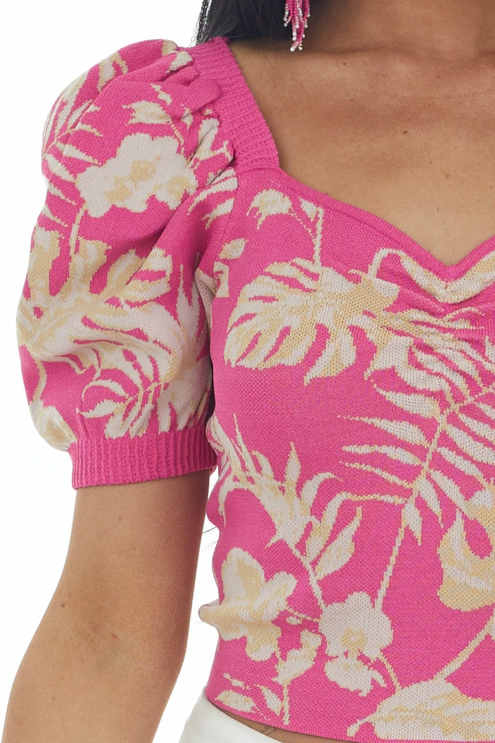 Flying Tomato Magenta Tropical Print Puff Sleeve Knit Top Tops 10 Flying Tomato Magenta Tropical Print Puff Sleeve Knit Top Tops