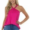 BiBi Magenta Twisted Halter Neckline Knit Tank Top Tops