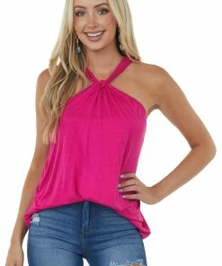 BiBi Magenta Twisted Halter Neckline Knit Tank Top Tops