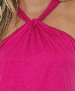 BiBi Magenta Twisted Halter Neckline Knit Tank Top Tops