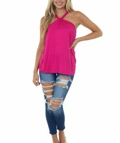 BiBi Magenta Twisted Halter Neckline Knit Tank Top Tops