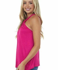 BiBi Magenta Twisted Halter Neckline Knit Tank Top Tops