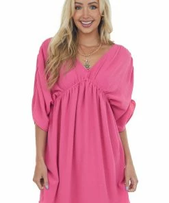 143 Story Magenta V Neck Cinch Waist Wide Sleeve Dress