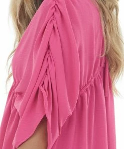 143 Story Magenta V Neck Cinch Waist Wide Sleeve Dress