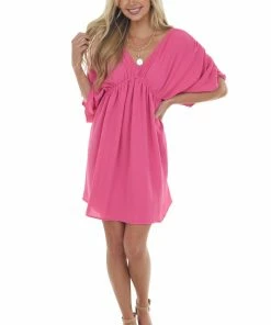 143 Story Magenta V Neck Cinch Waist Wide Sleeve Dress