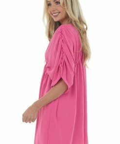 143 Story Magenta V Neck Cinch Waist Wide Sleeve Dress