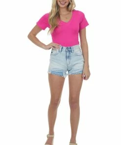 Vanilla Bay Tops Magenta V Neck Short Sleeve Knit Bodysuit 10 Vanilla Bay Tops Magenta V Neck Short Sleeve Knit Bodysuit