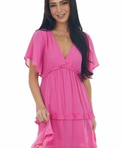 Umgee Magenta V Neck Tiered Handkerchief Hem Dress