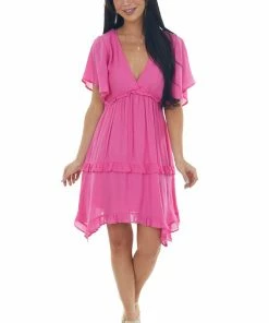 Umgee Magenta V Neck Tiered Handkerchief Hem Dress