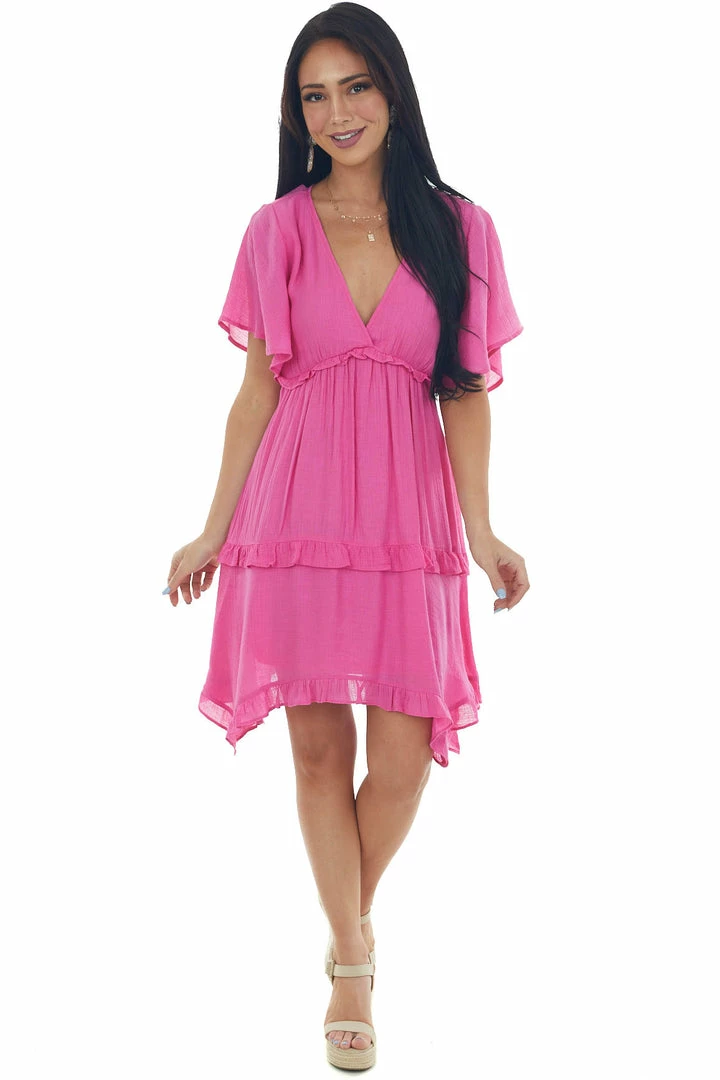 Umgee Magenta V Neck Tiered Handkerchief Hem Dress 4 Umgee Magenta V Neck Tiered Handkerchief Hem Dress