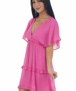 Umgee Magenta V Neck Tiered Handkerchief Hem Dress 11 Umgee Magenta V Neck Tiered Handkerchief Hem Dress