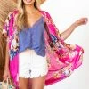 Umgee Magenta Floral Print Cocoon Hem Kimono Tops