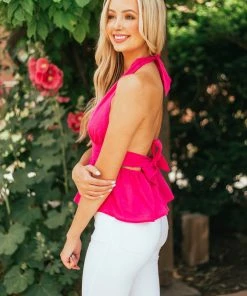 BiBi Magenta Halter Tie Plunging Neck Peplum Blouse