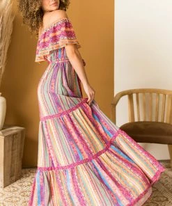 Flying Tomato Magenta Multicolored Striped Off The Shoulder Maxi