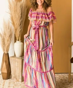 Flying Tomato Magenta Multicolored Striped Off The Shoulder Maxi