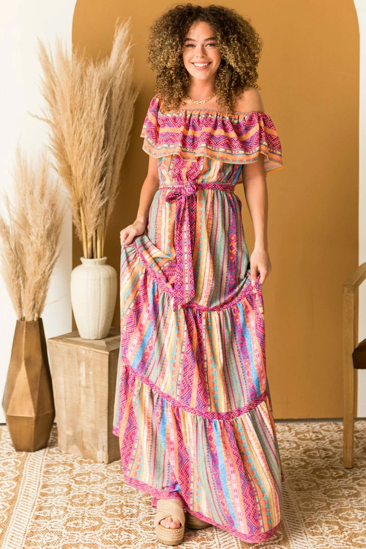 Flying Tomato Magenta Multicolored Striped Off The Shoulder Maxi 3 Flying Tomato Magenta Multicolored Striped Off The Shoulder Maxi