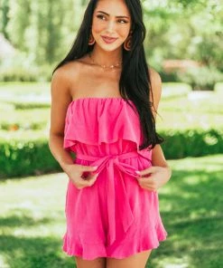 Allie Rose Dresses Magenta Strapless Ruffle Romper With Belt Tie