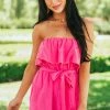 Allie Rose Dresses Magenta Strapless Ruffle Romper With Belt Tie