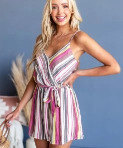 Staccato Magenta Striped Surplice Romper With Waist Tie