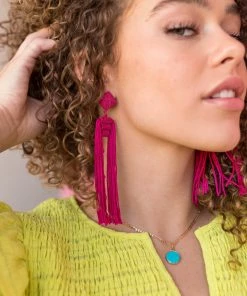 WALL TO WALL Magenta Textured Earrings With Long Tassels
