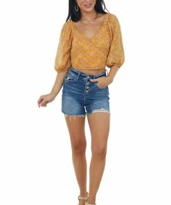 Lush Clothing Mango Floral Print Swiss Dot Surplice Crop Top Tops