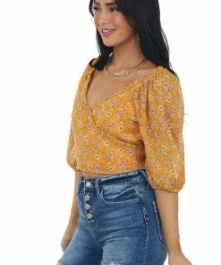 Lush Clothing Mango Floral Print Swiss Dot Surplice Crop Top Tops
